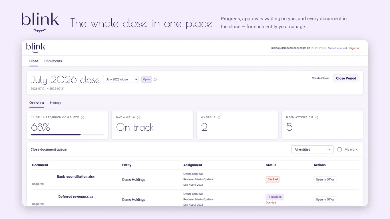 The whole close, in one place. Progress, approvals waiting on you, and every document in the close, for each entity you manage.